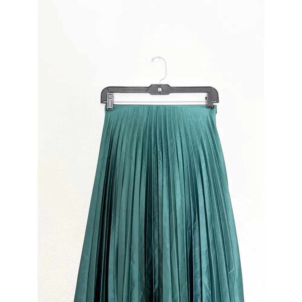 Zara Emerald Green Pleated Midi Skirt Size XS High Rise Chic Preppy Minimalist